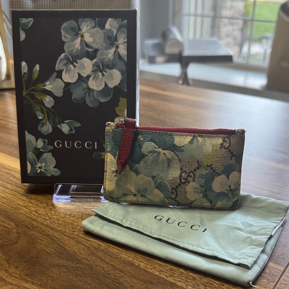 Gucci Blue Floral Canvas Card Holder with Red Accent